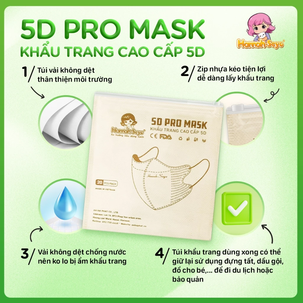 [Thùng 500/560 chiếc] Khẩu trang 5D chống tia UV, chống nắng, bụi mịn 3 lớp Hannah seyo - 2