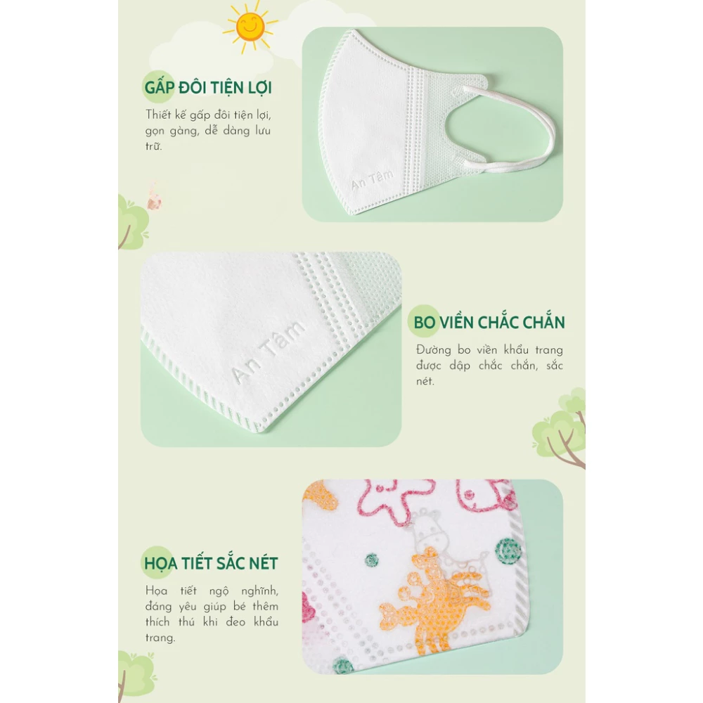 [ 0-8 tuổi ] Thùng 100 cái khẩu trang kháng khuẩn 5D kid An Tâm mềm mịn, hàng chính hãng công ty - 2