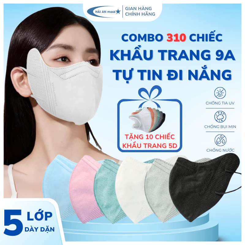 [ Thùng 300-200-100 Chiếc 9A +10 Chiếc 5D ] Khẩu Trang 9A HẢI AN MASK, 5 Lớp Chống Bụi Mịn, Chống Nắng, Form Rộng Dễ Thở