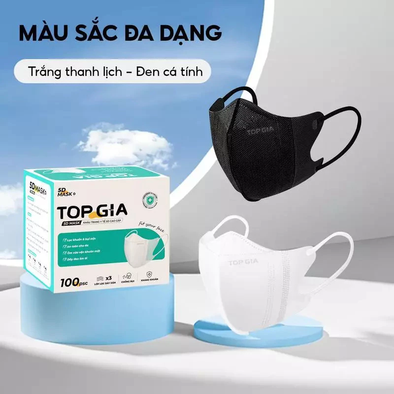 Khẩu trang 5D TOPGIA cao cấp chống tia UV, ngăn ngừa bụi mịn, thoáng khí, kháng khuẩn an toàn