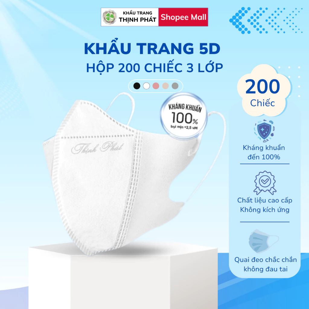 200 chiếc Khẩu Trang 5D Thịnh Phát, 3 lớp kháng khuẩn - chống bụi mịn chống nắng hiệu quả.