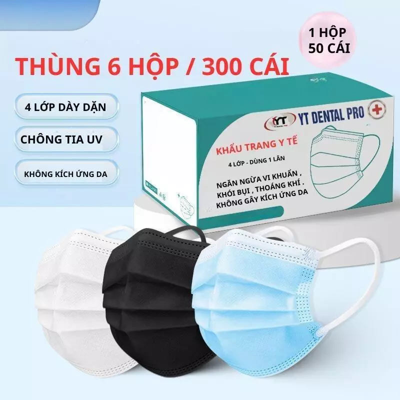 Thùng 300 chiếc ( 6 hộp ) khẩu trang Y TẾ NGƯỜI LỚN DENTAL MASK chính hãng 4 lớp dày dặn chống bụi và tia UV