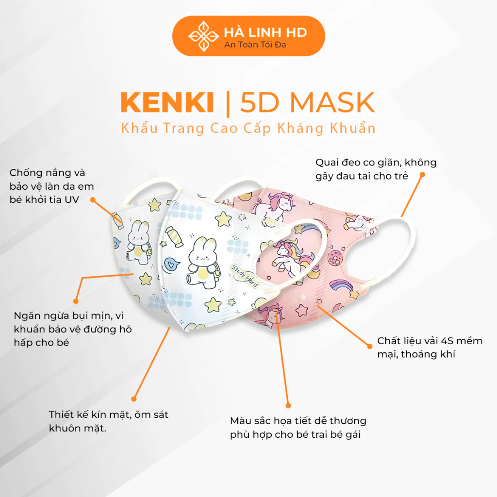 Thùng 100 cái khẩu trang 5D cho bé 0-8 tuổi Kenki Thái Lan 3 lớp kháng khuẩn mềm mại ôm trọn mặt bé - 3