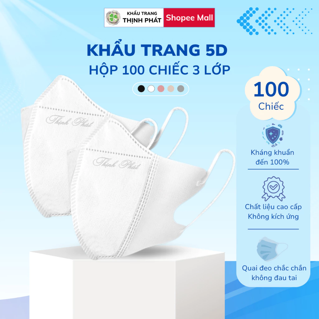 100 chiếc Khẩu Trang 5D Thịnh Phát, 3 lớp kháng khuẩn chống bụi mịn chống nắng hiệu quả