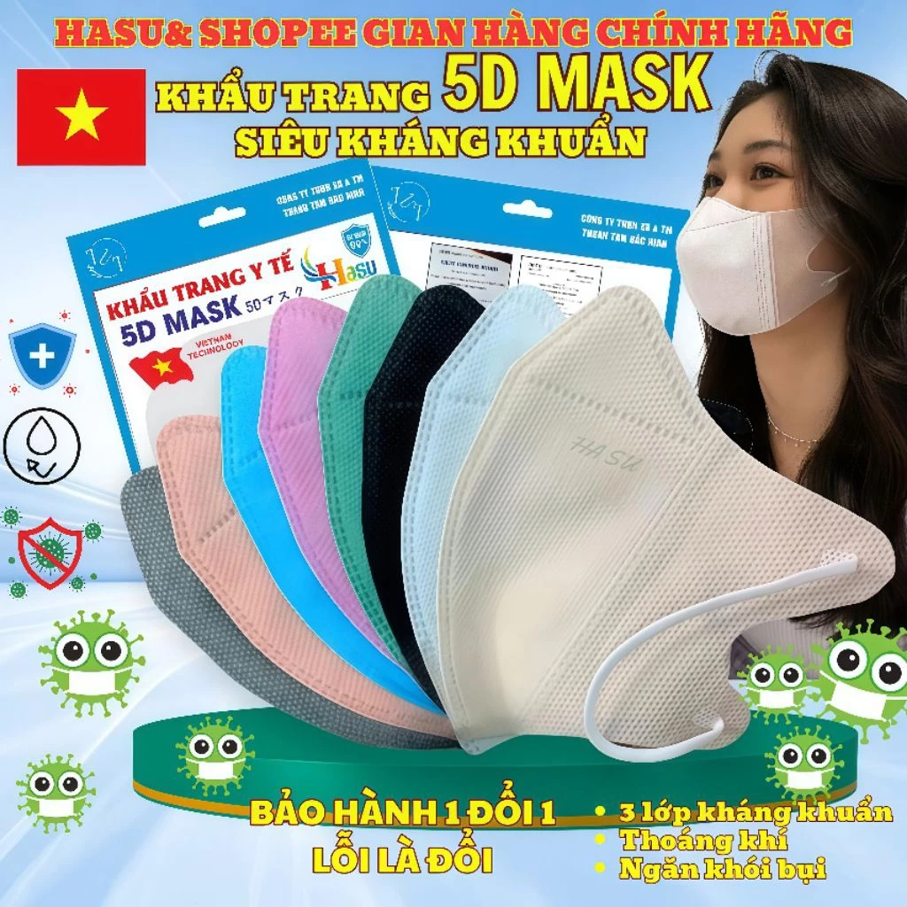 [ Thùng 600 Chiếc ] Khẩu trang 5D HASU 3 Lớp Kháng Khuẩn Cao Cấp Chính Hãng, Dày Dặn, Chống Tia UV