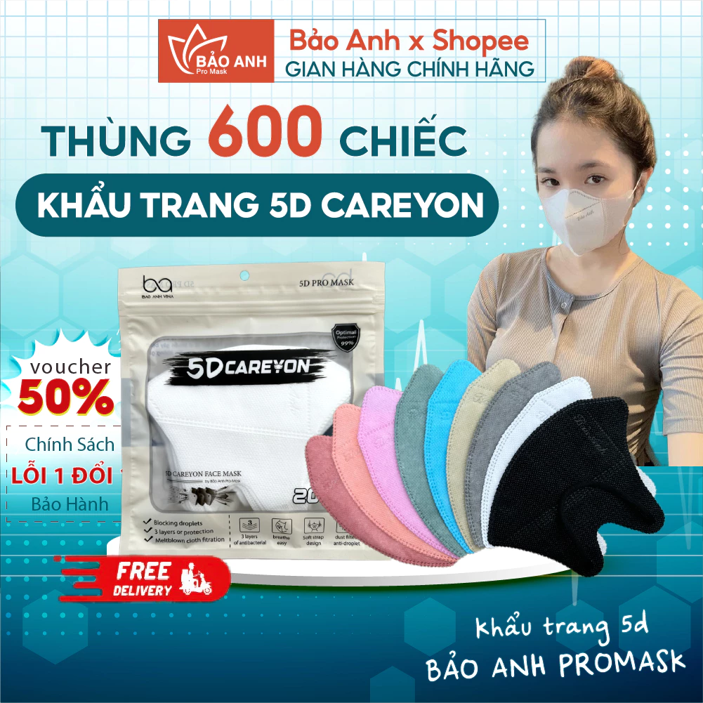 [ Thùng 600 Cái ] Khẩu Trang 5D CAREYON Chống Tia UV, Khẩu Trang Y Tế 3 Lớp Kháng Khuẩn Cao Cấp