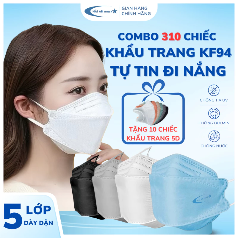 [ Thùng 300 - 200 Chiếc KF94 + 10 Chiếc 5D ] Khẩu Trang KF94 4D HẢI AN MASK, 4 Lớp Chống Bụi Mịn, Tia UV, Form Hàn Quốc