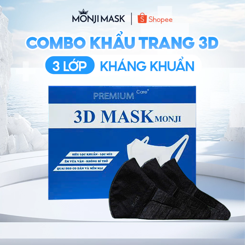 Khẩu Trang 3D Monji Mask 3 Lớp Vải Lọc Khuẩn Ngăn Bụi ,Quai Đeo Êm Tai.