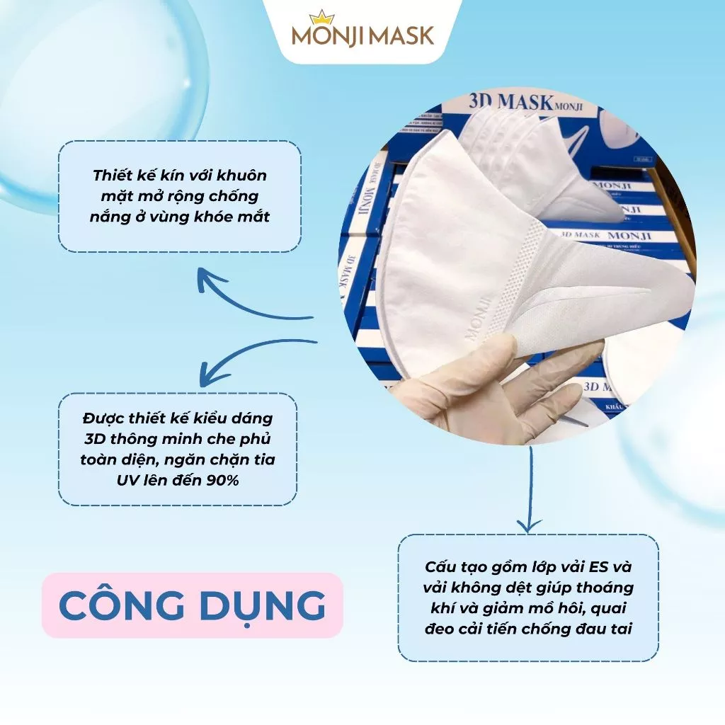 Khẩu Trang 3D Monji Mask 3 Lớp Vải Lọc Khuẩn Ngăn Bụi ,Quai Đeo Êm Tai. - 3