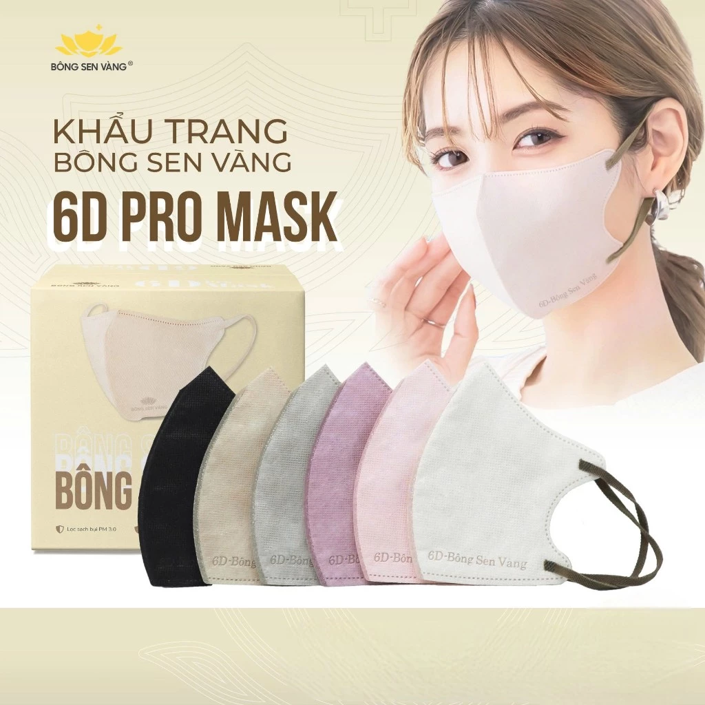 Khẩu Trang 6D Bông Sen Vàng, 3 Lớp Thoáng Khí