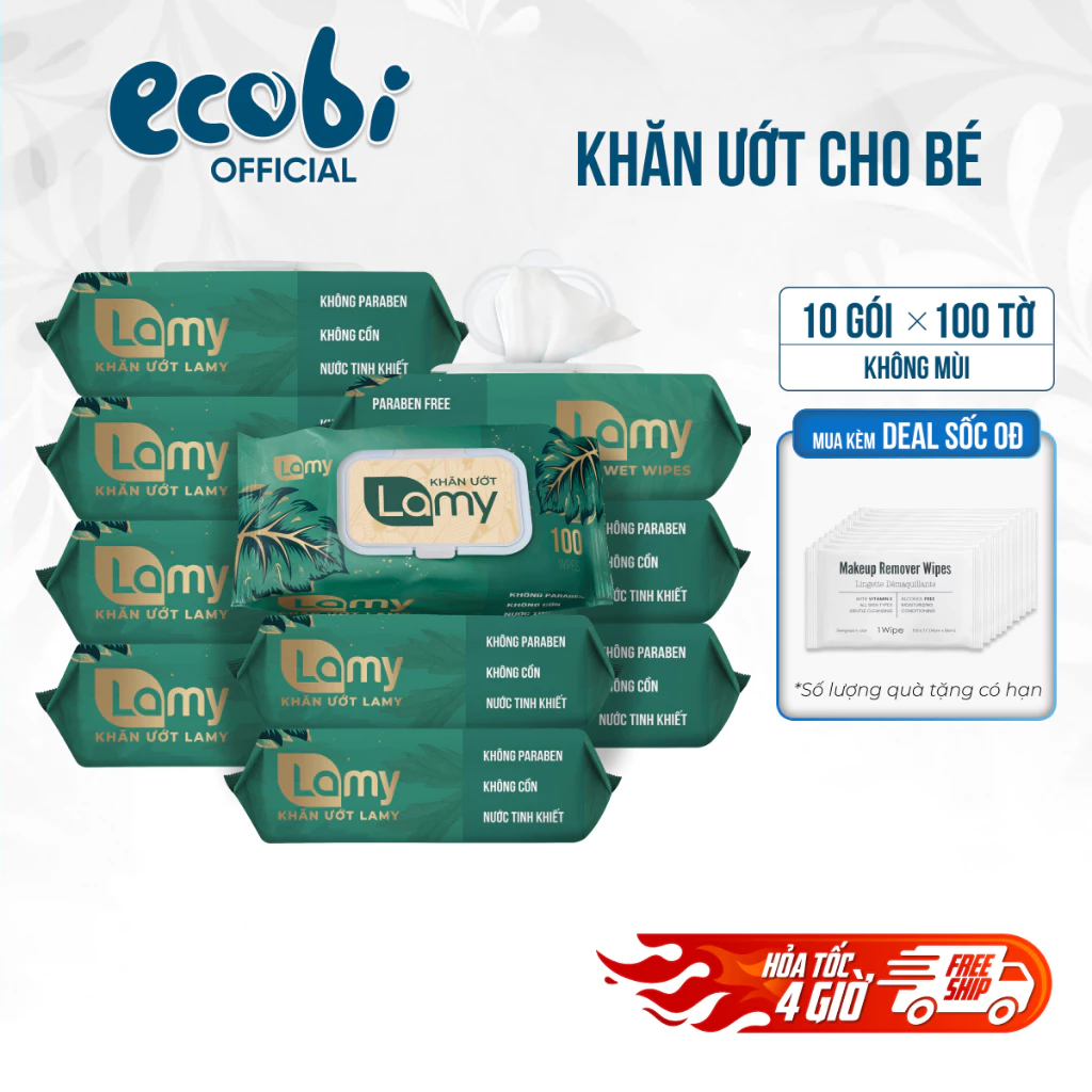 (CÓ QUÀ TẶNG) Thùng 10 gói khăn ướt Lamy 100 tờ không cồn không parabens cao cấp dành cho em bé