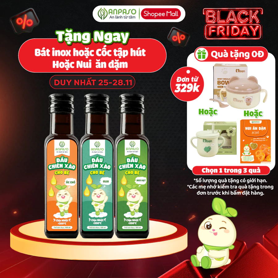 Dầu Chiên Xào Cho Bé Ăn Dặm Anpaso 100ml chịu nhiệt trên 200 độ C - Dầu oliu, óc chó, mix hạt
