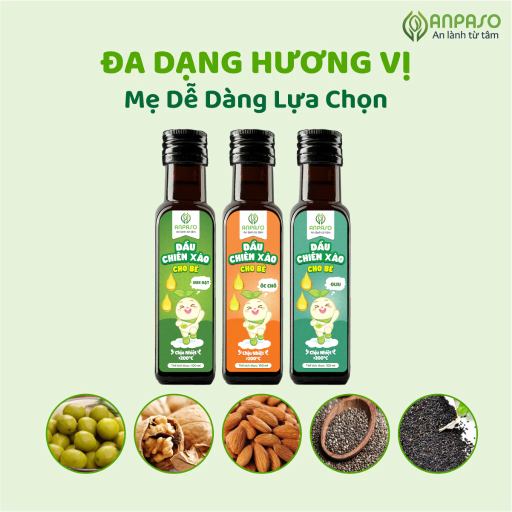 Dầu Chiên Xào Cho Bé Ăn Dặm Anpaso 100ml chịu nhiệt trên 200 độ C - Dầu oliu, óc chó, mix hạt - 5