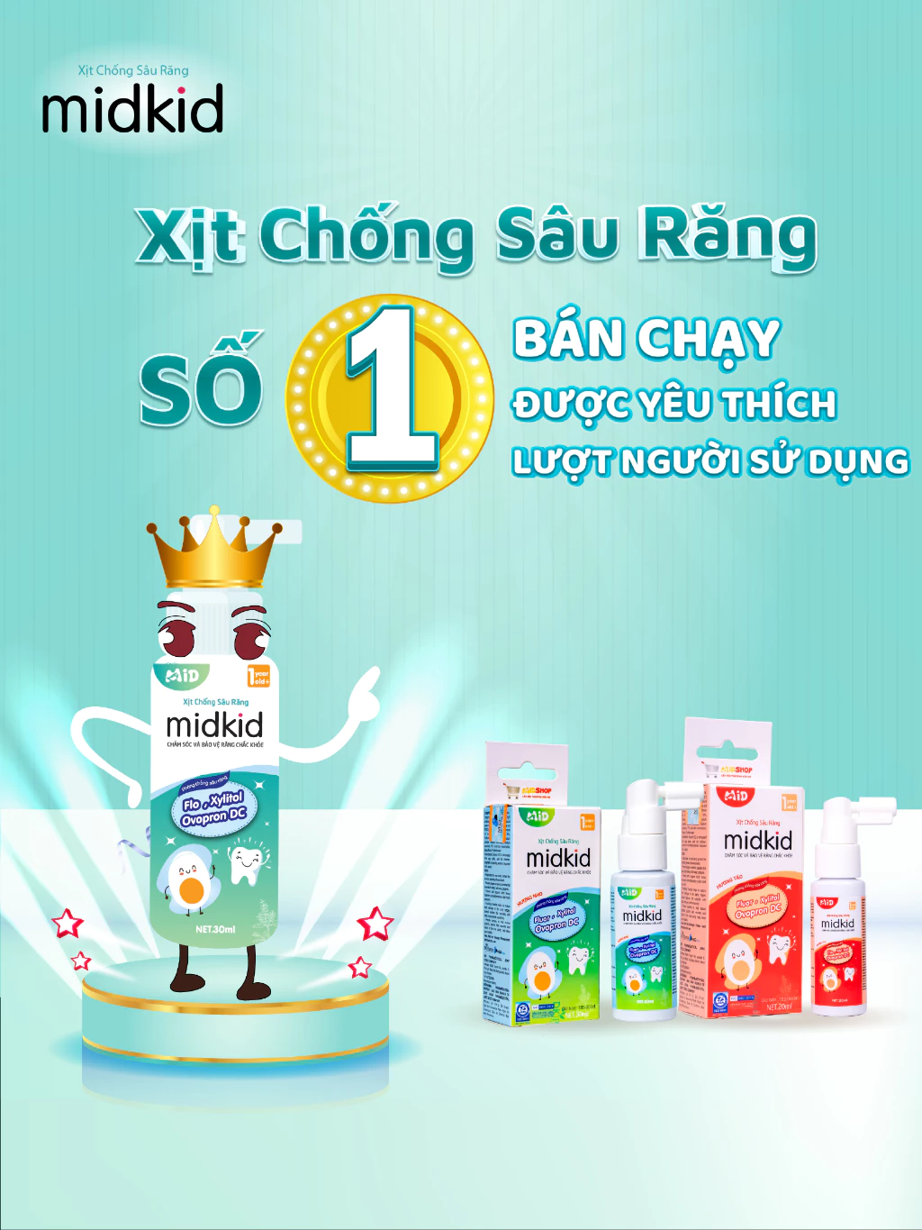 Xịt chống sâu răng Midkid vị Nho 30ml cho bé từ 1 tuổi giúp làm sạch mảng bám ô vàng bảo vệ men răng