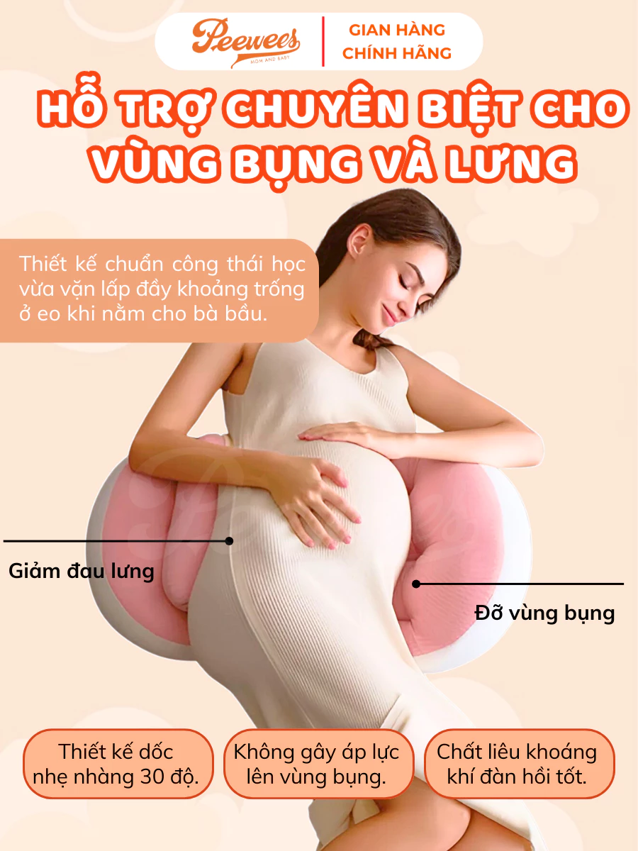 Gối Bầu Cánh Tiên PeeWees Nâng Đỡ Bụng Toàn Diện, Ôm Trọn Bụng Bầu, Giảm Tối Đa Đau Lưng Giúp Mẹ Bầu Ngủ Ngon Sâu Giấc