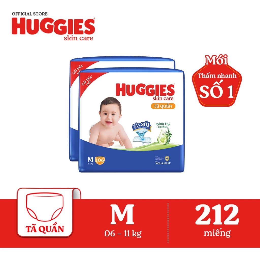 Combo 2 Tã quần Huggies Skincare Mega Jumbo M106/L96+8/XL84+4/XXL76+4