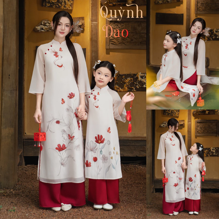 Áo dài tết cách tân nữ cho mẹ và bé gái Econice 2024 size trẻ em 3, 4, 5, 6, 7, 8, 9, 10, 11,12 tuổi