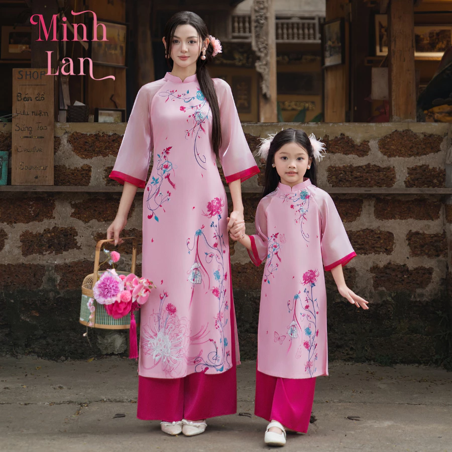 Áo dài tết cách tân nữ cho mẹ và bé gái Econice 2024 size trẻ em 3, 4, 5, 6, 7, 8, 9, 10, 11,12 tuổi