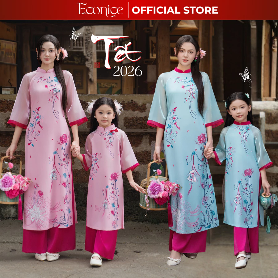 Áo dài tết cách tân nữ cho mẹ và bé gái Econice 2024 size trẻ em 3, 4, 5, 6, 7, 8, 9, 10, 11,12 tuổi - 3