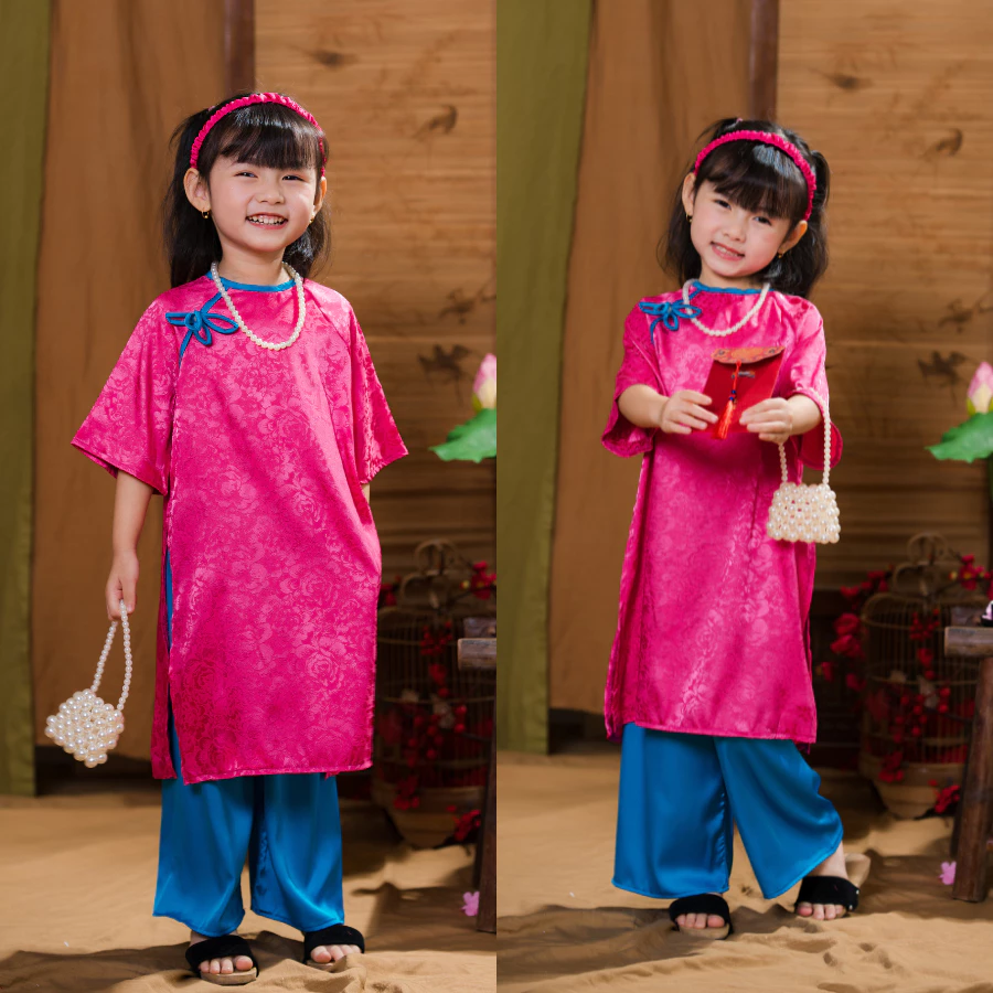Áo dài Tết cách tân cho bé gái chất lụa gấm cao cấp cho bé phối nơ ngọc 2026 DA02 size đại 43kg - BIATON KIDS