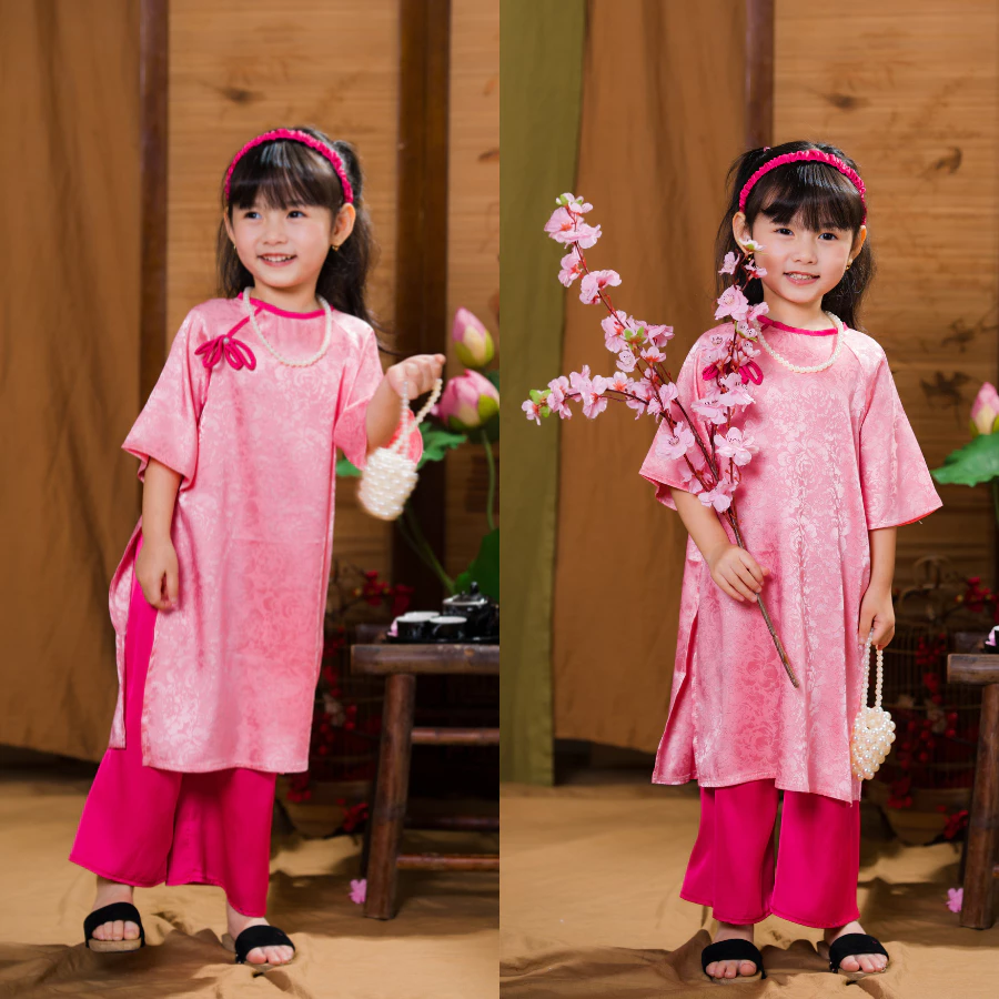 Áo dài Tết cách tân cho bé gái chất lụa gấm cao cấp cho bé phối nơ ngọc 2026 DA02 size đại 43kg - BIATON KIDS - 2