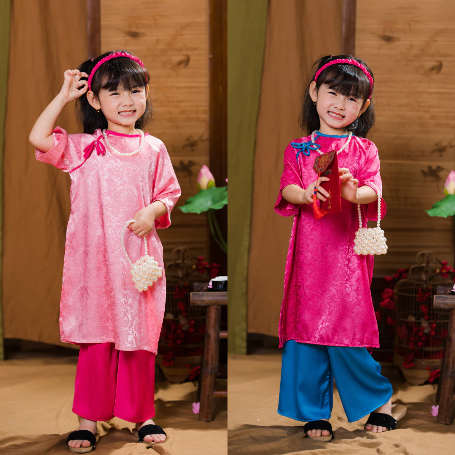 Áo dài Tết cách tân cho bé gái chất lụa gấm cao cấp cho bé phối nơ ngọc 2026 DA02 size đại 43kg - BIATON KIDS - 3