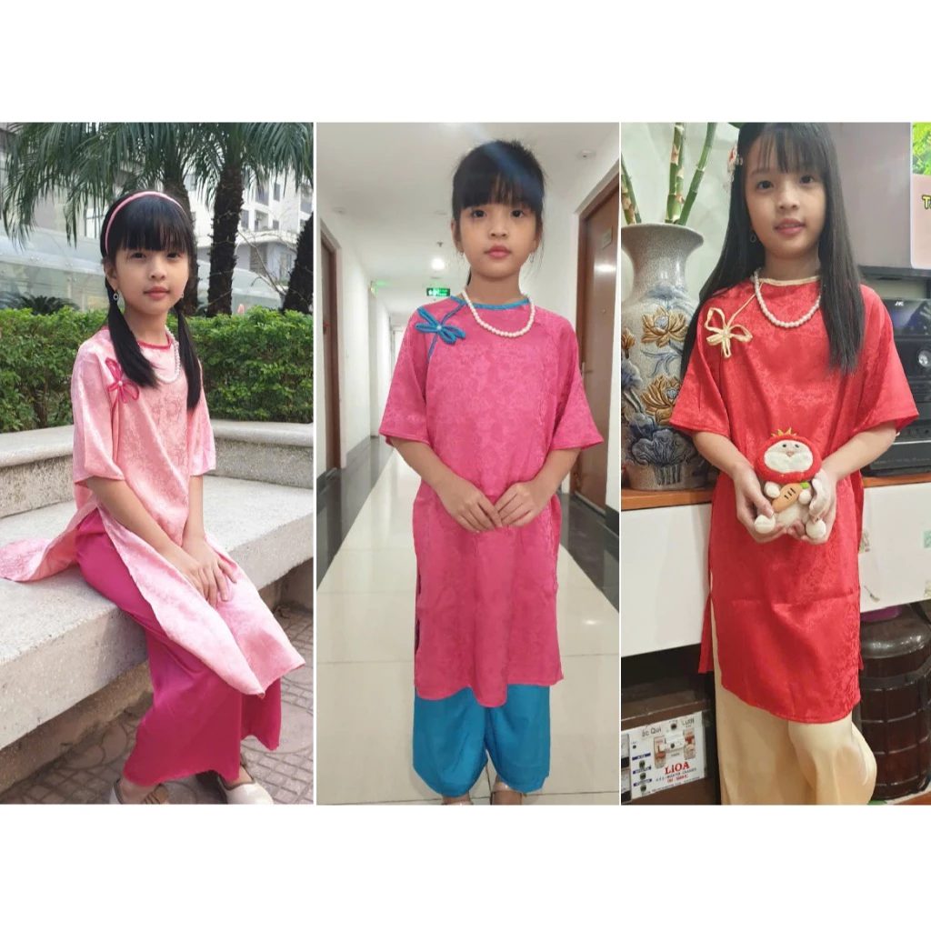 Áo dài Tết cách tân cho bé gái chất lụa gấm cao cấp cho bé phối nơ ngọc 2026 DA02 size đại 43kg - BIATON KIDS - 5