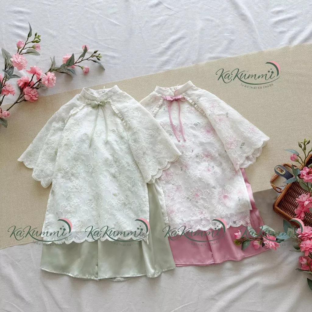 Áo dài Tết Bính Ngọ cho bé gái, Bộ áo dài Xuân Nghi Tết 2026 Kakummi (KM24- AD440)