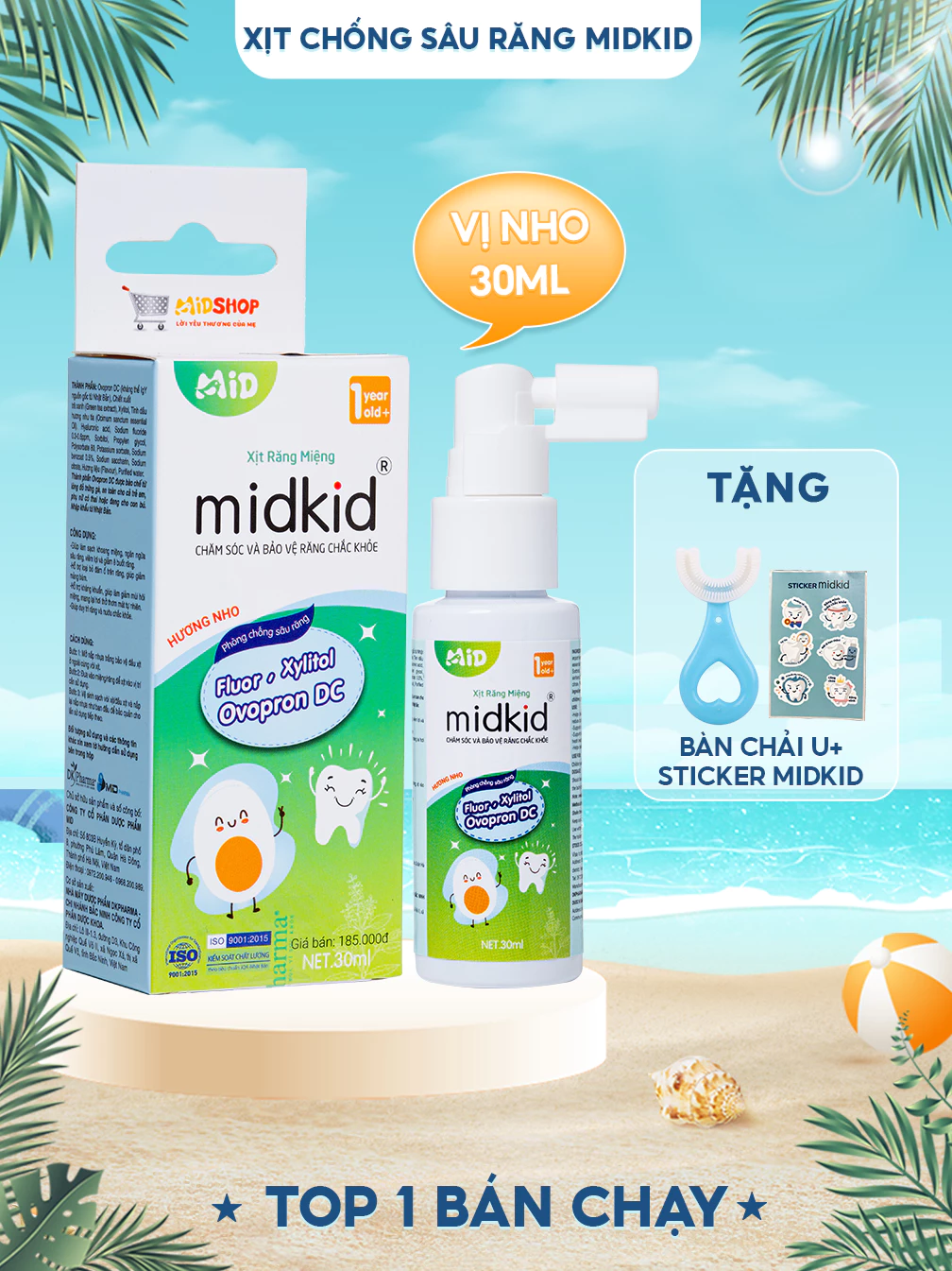 Xịt chống sâu răng Midkid vị Nho 30ml cho bé từ 1 tuổi giúp làm sạch mảng bám ô vàng bảo vệ men răng