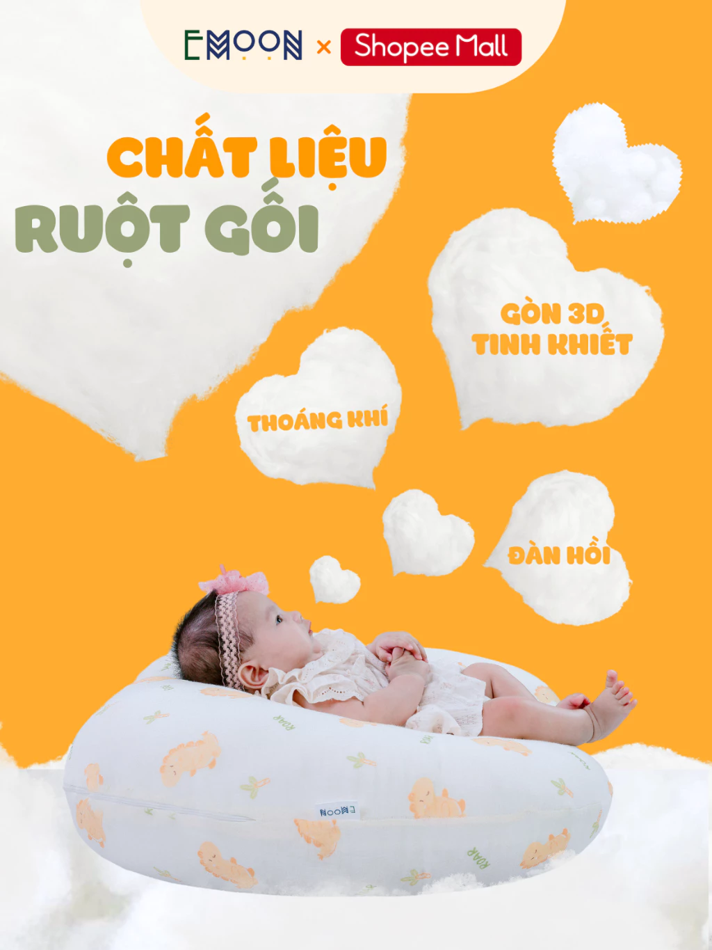 Gối chống trào ngược EMOON, chất liệu muslin cao cấp thấm hút mồ hôi an toàn cho bé giảm thiểu tình trạng nôn trớ sau ăn