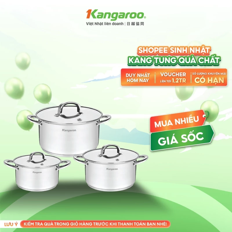 {Inox 201 dày 0.4mm} Bộ nồi đáy 5 lớp Kangaroo KGIP3B3E size 16-20-24cm