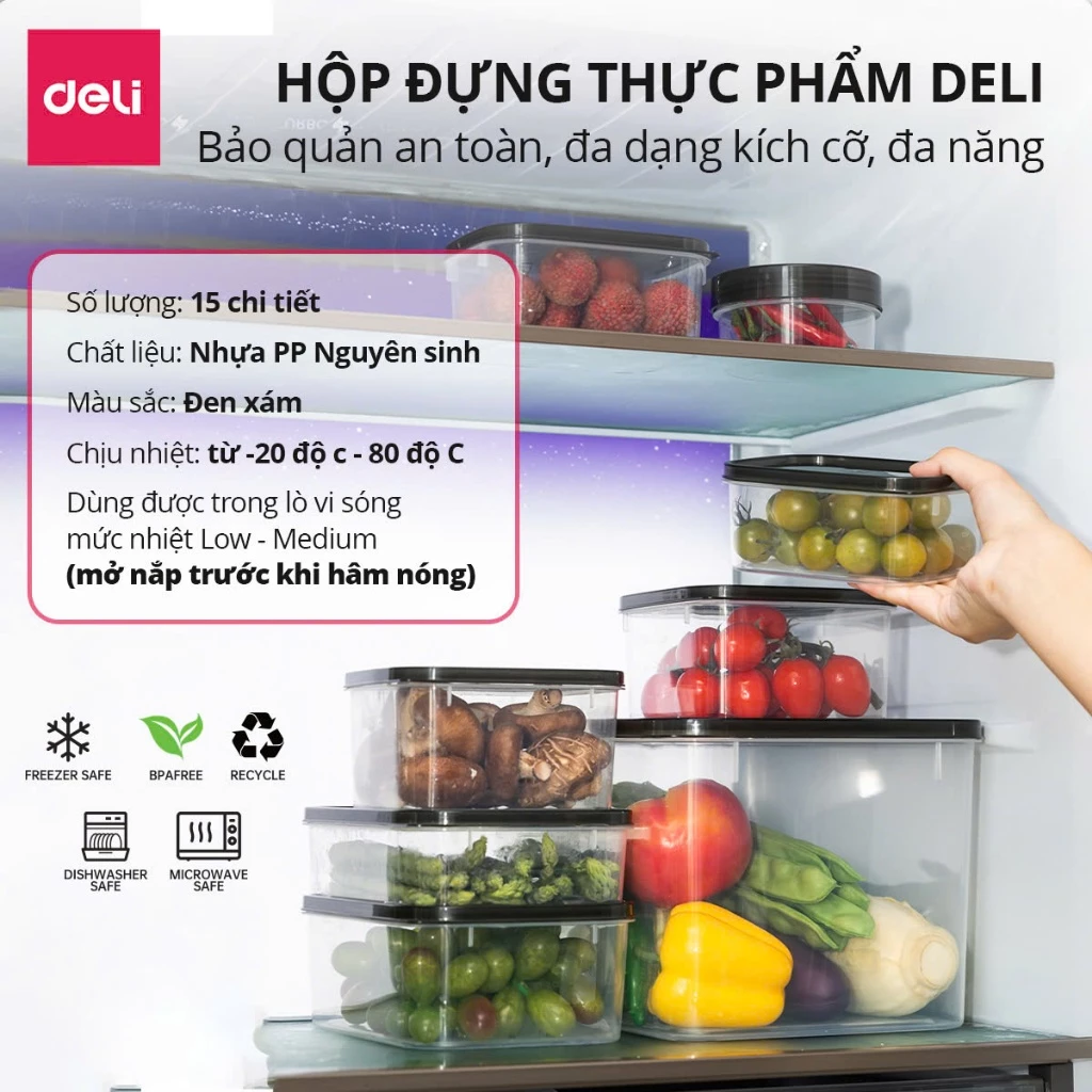 Bộ hộp 15 hộp đựng thực phẩm DELIxVUSIGN đủ size từ 250-8500ml dùng được cho lò vi sóng máy rửa bát an toàn