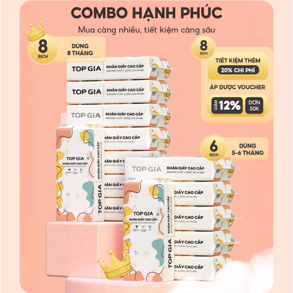 [LOẠI TO ĐẶC BIỆT] Thùng 8 bịch khăn giấy rút Top Gia treo tường đa sắc 1280 tờ, siêu dai và mềm mịn - 2
