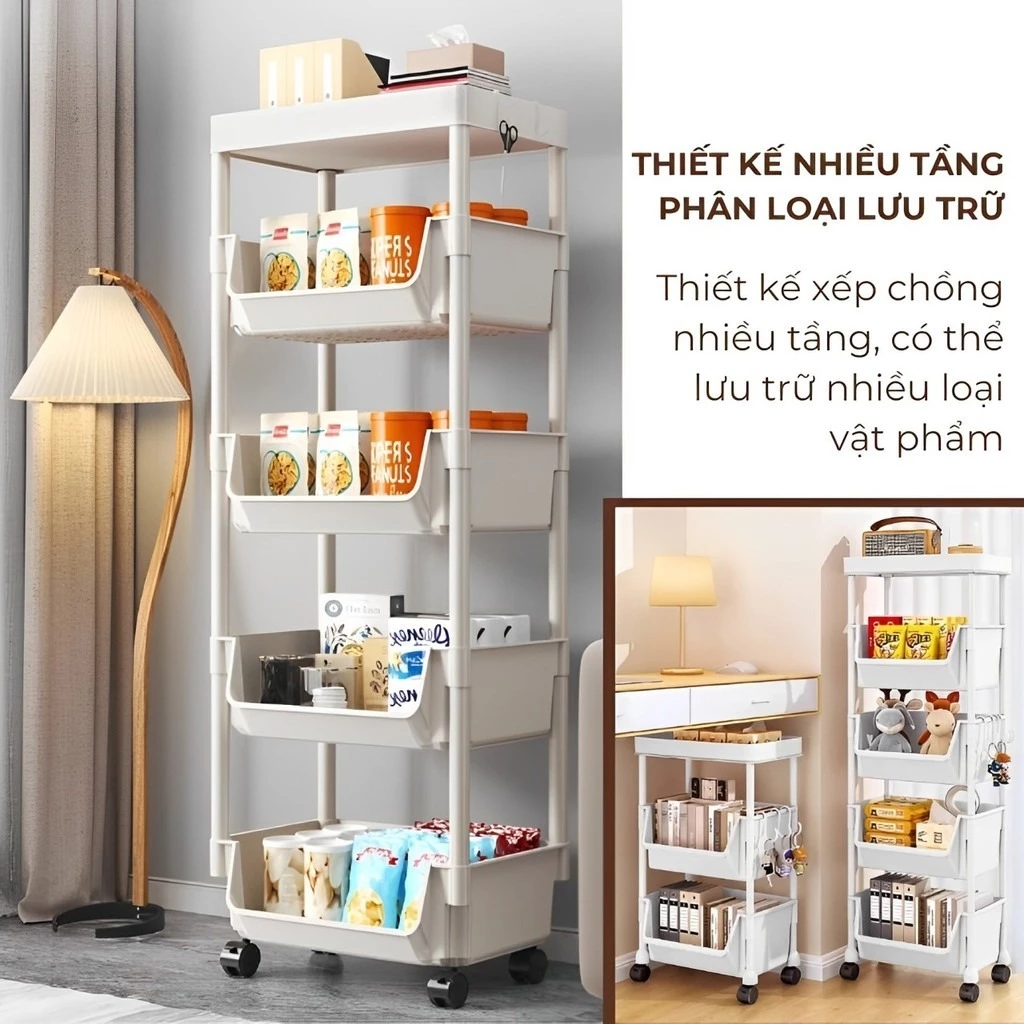 【Kệ Lưu Trữ Đa Năng 3/4/5 Tầng Có Giỏ & Bánh Xe】- Kệ Nhà Bếp, Spa, Nail, Phòng Ngủ - Chất Liệu Nhựa PP Cao Cấp - 3