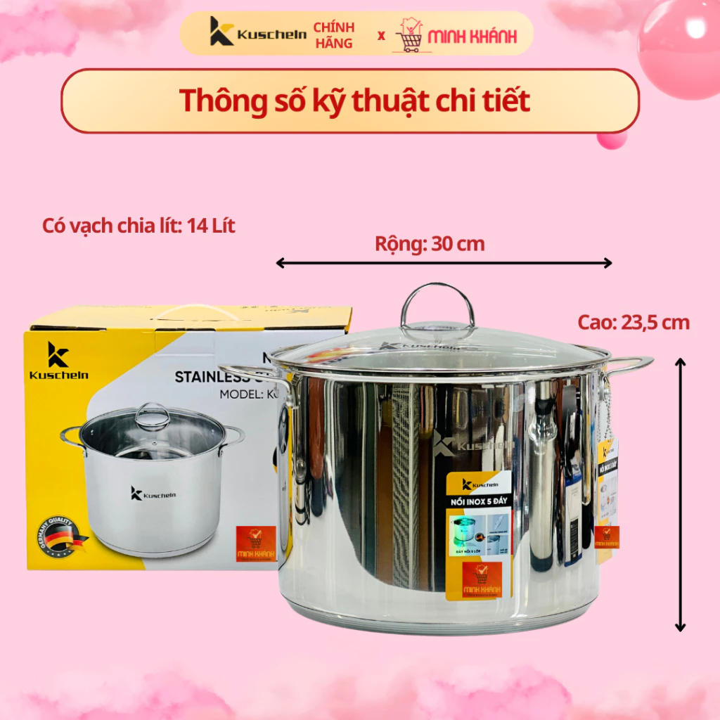 Nồi luộc gà inox 5 đáy Kuscheln KCP023-30- Cao 23,5cm, lòng 30cm, Luộc gà cánh phượng chuẩn Đẹp.