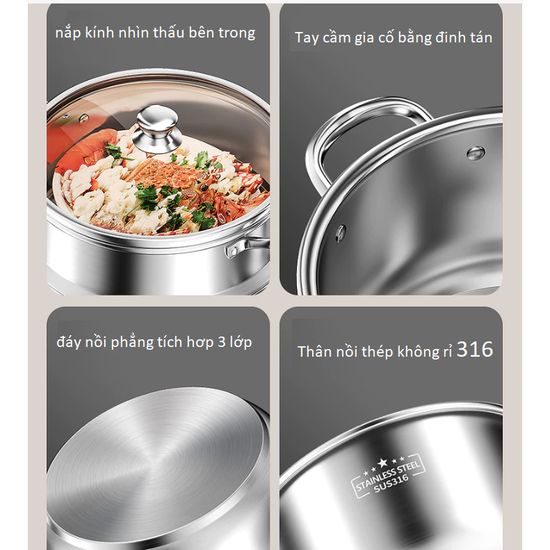 Nồi INOX 316 Kho Nấu Canh Luộc Gà Nồi Thép Không Rỉ Siêu Bền Cho Gia Đình nhiêu size lựa chọn - 4