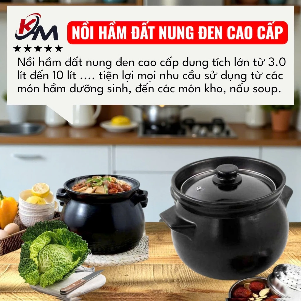 Nồi Hầm Đất Đen Cao Cấp, Nồi Sứ Chịu Nhiệt 400 độ, Nấu Canh Dưỡng Sinh, Kho Cá [Không Dùng Bếp Từ] - 3