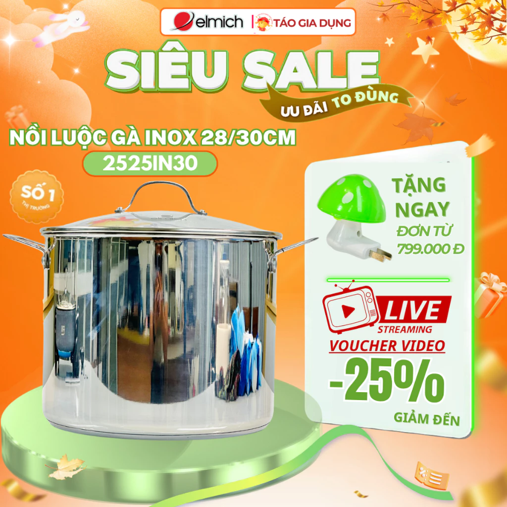 Nồi luộc gà inox 304 5 đáy Elmich EL-2525IN30 - Cao 24,5cm, lòng 30cm, luộc gà cánh phượng đẹp,16Lít