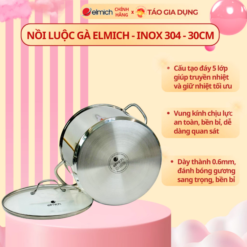 Nồi luộc gà inox 304 5 đáy Elmich EL-2525IN30 - Cao 24,5cm, lòng 30cm, luộc gà cánh phượng đẹp,16Lít - 6