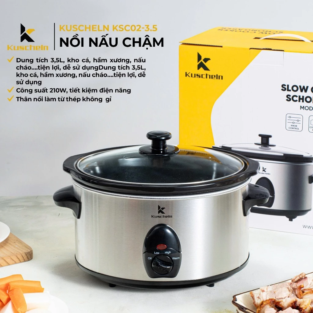 Nồi nấu chậm, nồi kho cá, nồi hầm KUSCHELN KSC023-3.5L - 3,5L, lòng sứ Ovan, tự ngắt chống cạn nước.