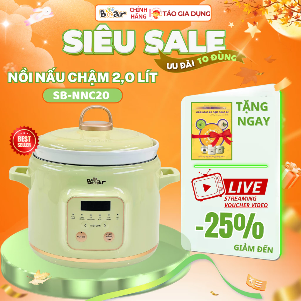 Nồi nấu chậm đa năng Bear SB-NNC20 -2 Lít, 6 chế độ nấu hầm, hẹn giờ rảnh tay, giữ nguyên dưỡng chất