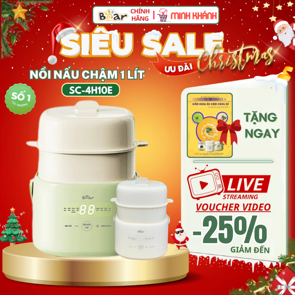 Nồi nấu chậm Bear 1 Lít SC-4H10E - Có xửng hấp, có 7 chế độ ninh, nấu, hầm, hấp (CÓ MÀU XANH/KEM)