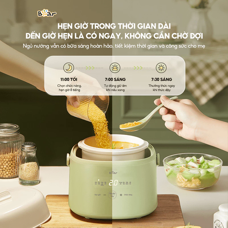 Nồi nấu chậm Bear 1 Lít SC-4H10E - Có xửng hấp, có 7 chế độ ninh, nấu, hầm, hấp (CÓ MÀU XANH/KEM) - 4