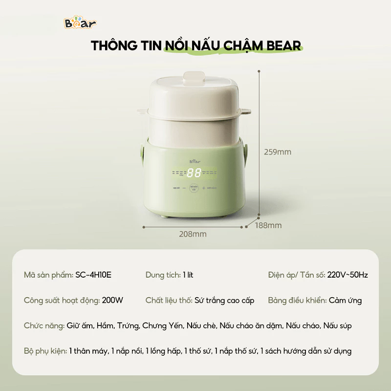Nồi nấu chậm Bear 1 Lít SC-4H10E - Có xửng hấp, có 7 chế độ ninh, nấu, hầm, hấp (CÓ MÀU XANH/KEM) - 5