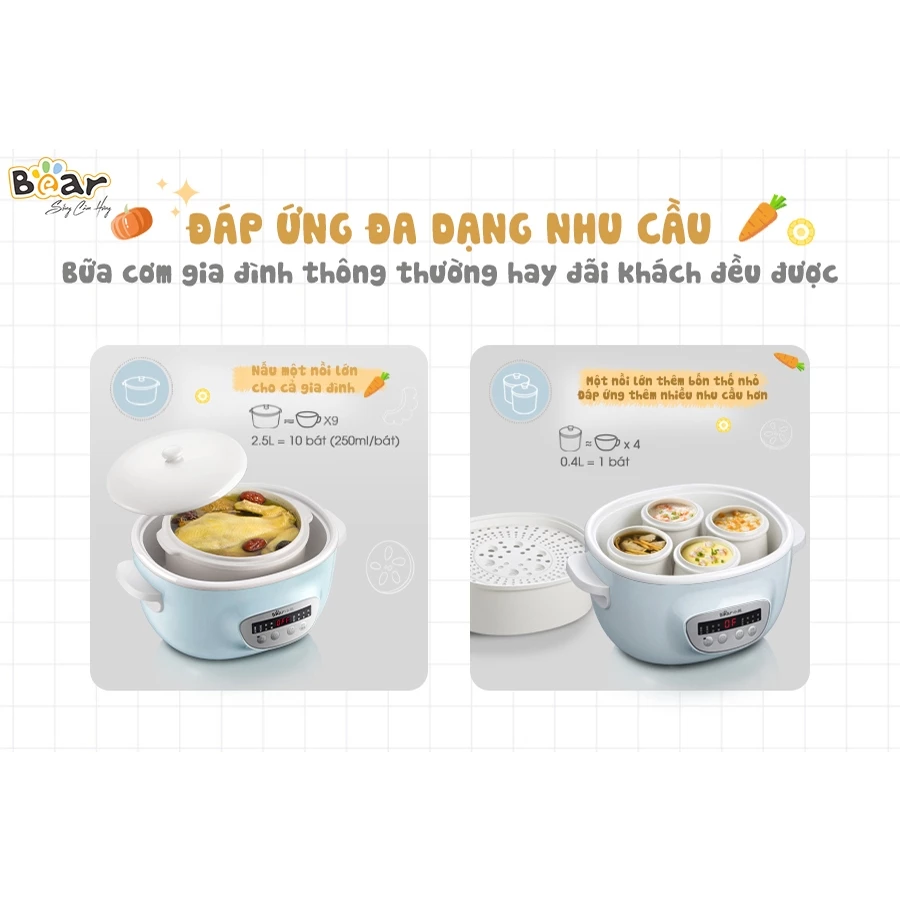 Nồi Nấu Cháo Chậm Cho Bé 2.5L Bear SUBE003- Chưng Yến, Hầm Cháo Đa Năng, Kèm Lồng Hấp- BH 18 Tháng