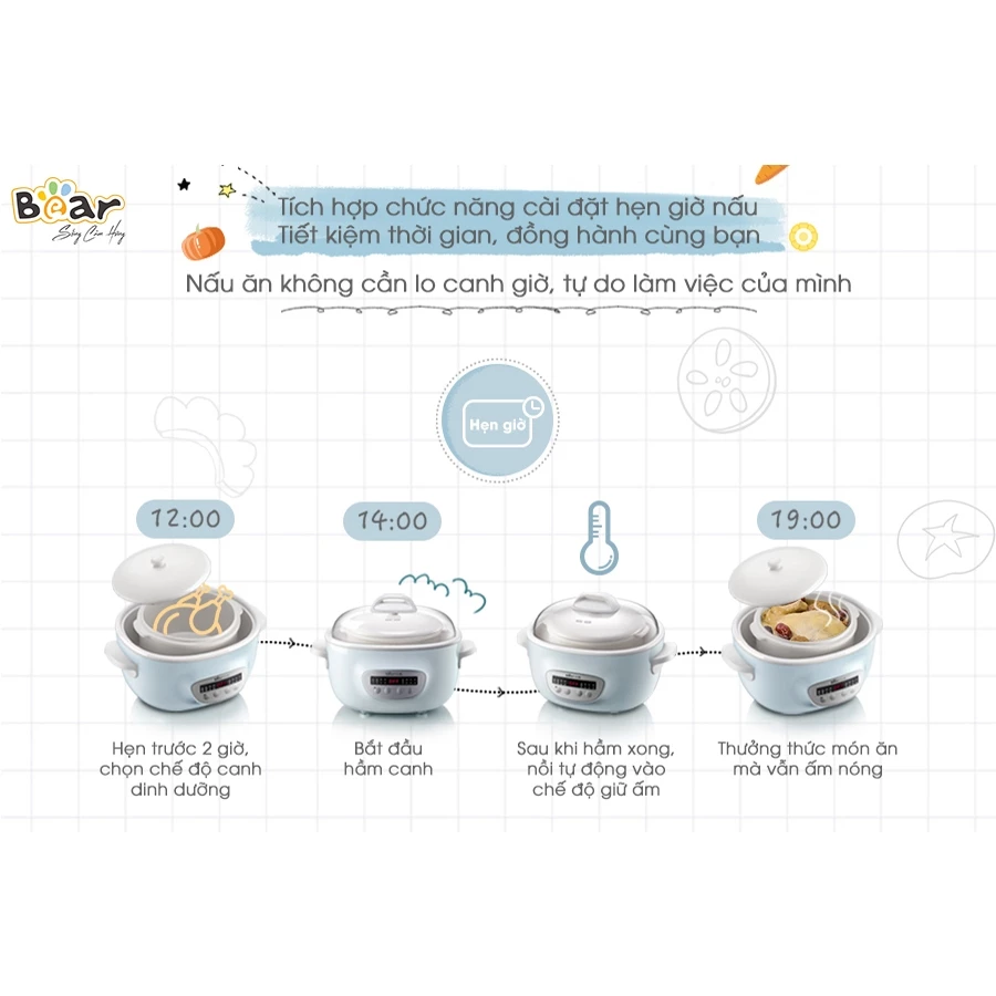 Nồi Nấu Cháo Chậm Cho Bé 2.5L Bear SUBE003- Chưng Yến, Hầm Cháo Đa Năng, Kèm Lồng Hấp- BH 18 Tháng - 2