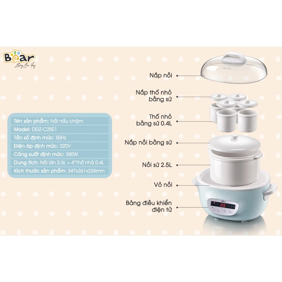 Nồi Nấu Cháo Chậm Cho Bé 2.5L Bear SUBE003- Chưng Yến, Hầm Cháo Đa Năng, Kèm Lồng Hấp- BH 18 Tháng - 4