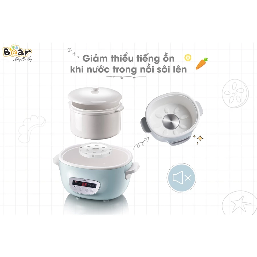 Nồi Nấu Cháo Chậm Cho Bé 2.5L Bear SUBE003- Chưng Yến, Hầm Cháo Đa Năng, Kèm Lồng Hấp- BH 18 Tháng - 5