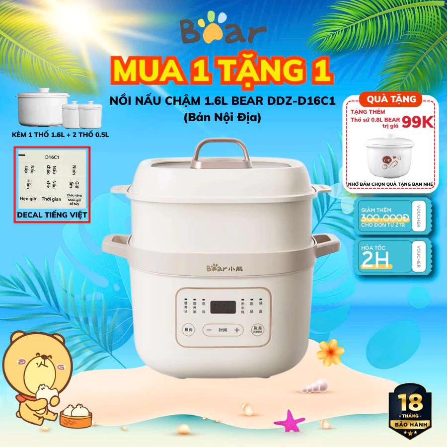 [TẶNG THỐ 0.8L] Nồi nấu chậm Bear 1.6L DDZ-D16C1, Kèm Lồng Hấp nấu cháo, ninh, hầm hẹn giờ,giữ nhiệt