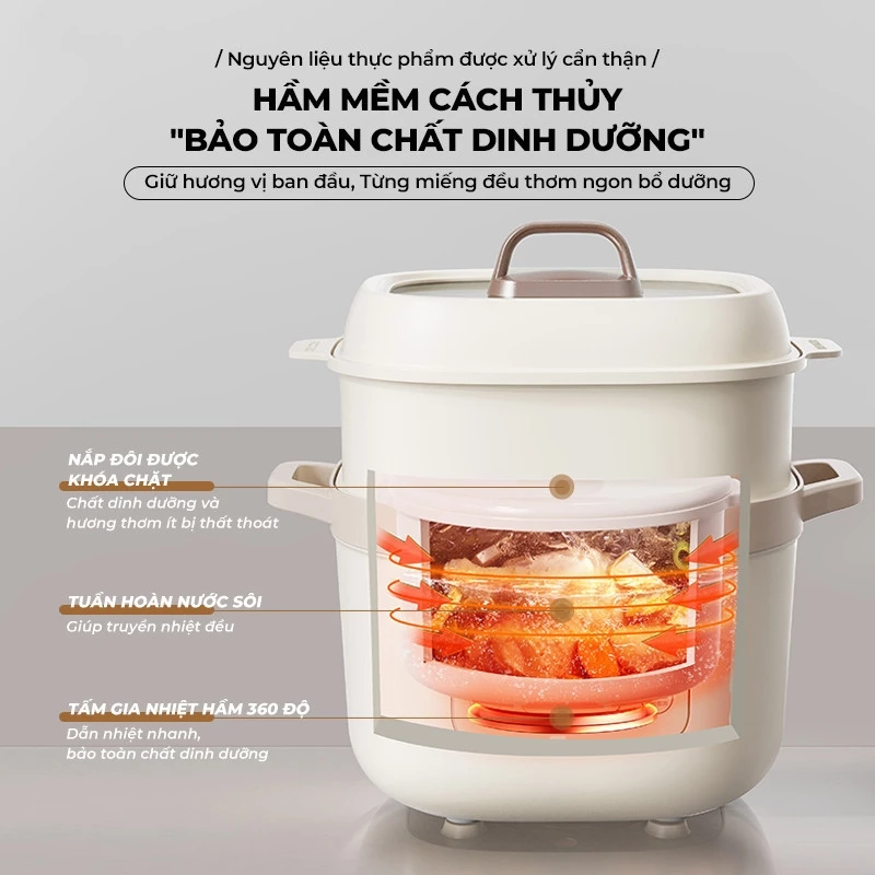 [TẶNG THỐ 0.8L] Nồi nấu chậm Bear 1.6L DDZ-D16C1, Kèm Lồng Hấp nấu cháo, ninh, hầm hẹn giờ,giữ nhiệt - 4